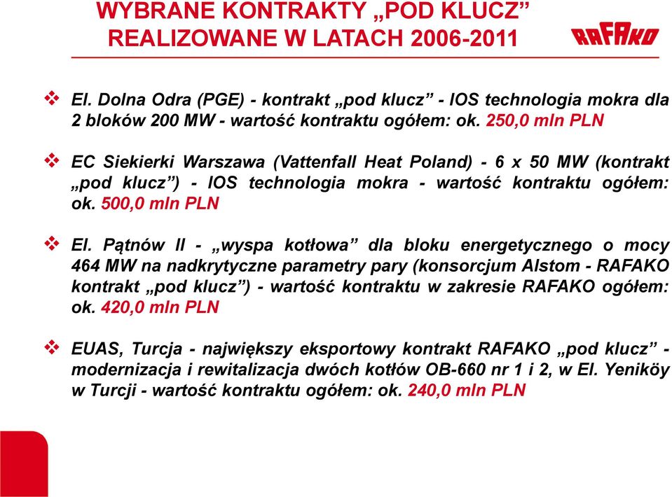 Pątnów II - wyspa kotłowa dla bloku energetycznego o mocy 464 MW na nadkrytyczne parametry pary (konsorcjum Alstom - RAFAKO kontrakt pod klucz ) - wartość kontraktu w zakresie RAFAKO