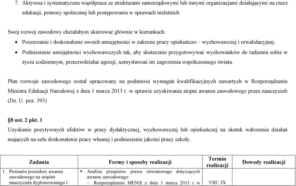 Podniesienie umiejętności wychowawczych tak, aby skutecznie przygotowywać wychowanków do radzenia sobie w życiu codziennym, przeciwdziałać agresji, uzmysławiać im zagrożenia współczesnego świata.