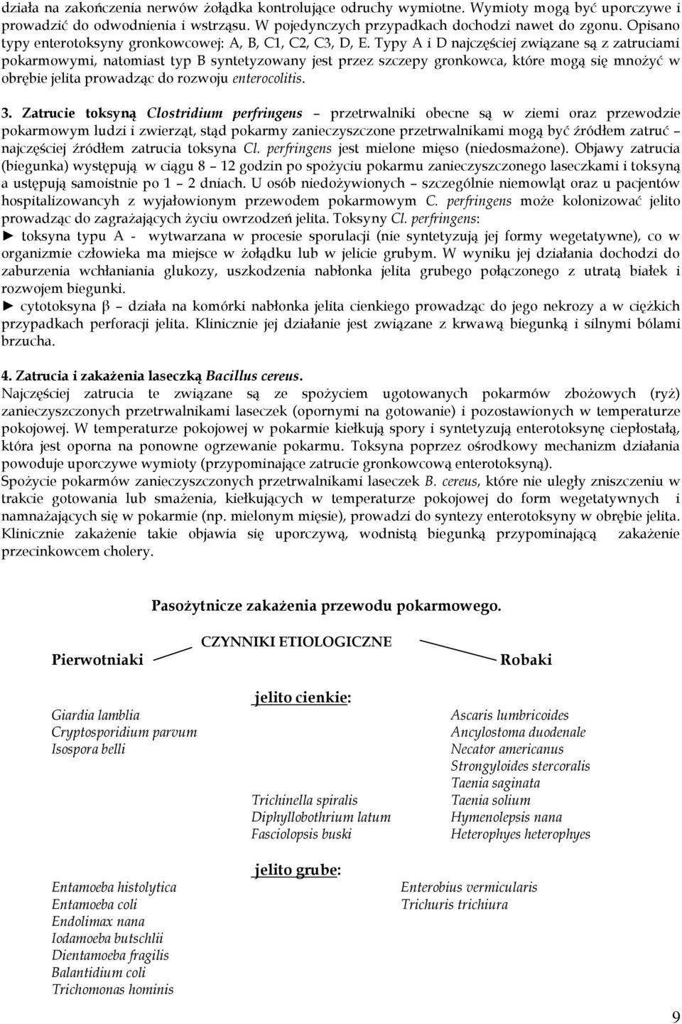 Typy A i D najczęściej związane są z zatruciami pokarmowymi, natomiast typ B syntetyzowany jest przez szczepy gronkowca, które mogą się mnożyć w obrębie jelita prowadząc do rozwoju enterocolitis. 3.