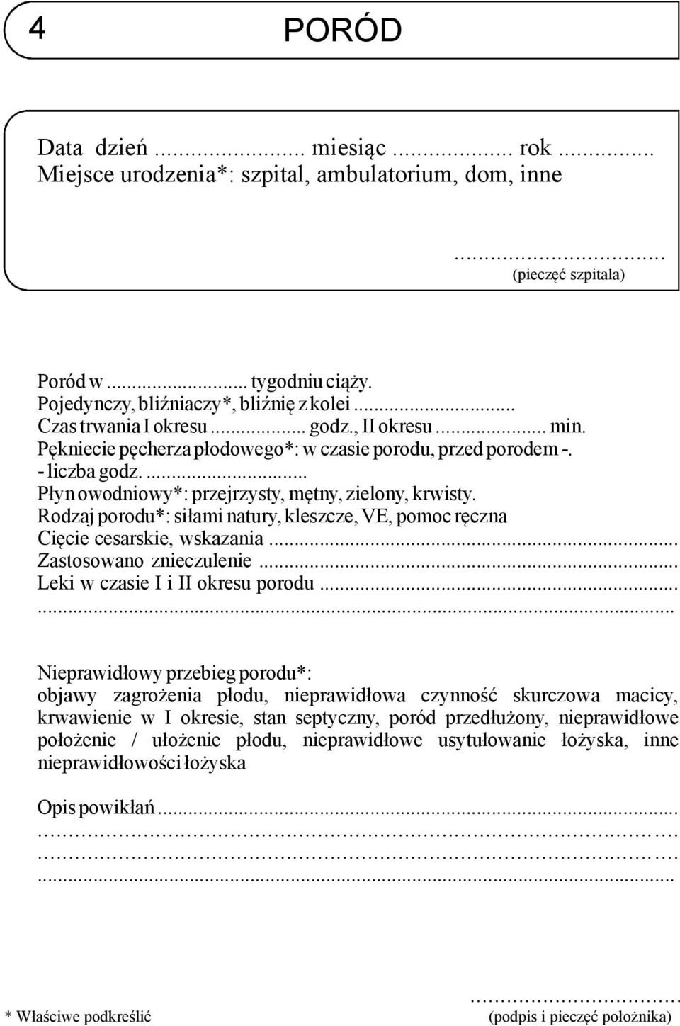 Rodzaj porodu*: siłami natury, kleszcze, VE, pomoc ręczna Cięcie cesarskie, wskazania... Zastosowano znieczulenie... Leki w czasie I i II okresu porodu.