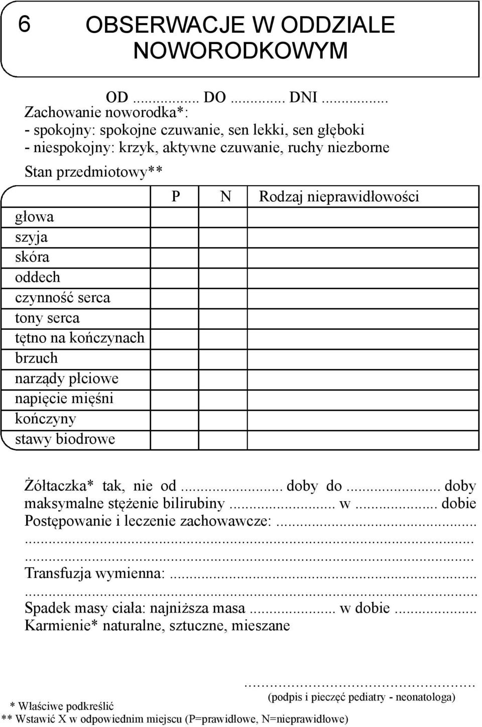 czynność serca tony serca tętno na kończynach brzuch narządy płciowe napięcie mięśni kończyny stawy biodrowe P N Rodzaj nieprawidłowości Żółtaczka* tak, nie od... doby do.