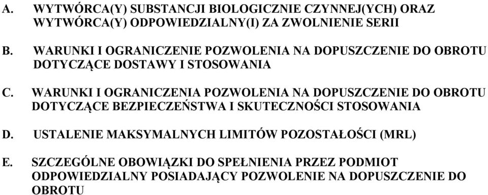 WARUNKI I OGRANICZENIA POZWOLENIA NA DOPUSZCZENIE DO OBROTU DOTYCZĄCE BEZPIECZEŃSTWA I SKUTECZNOŚCI STOSOWANIA D.