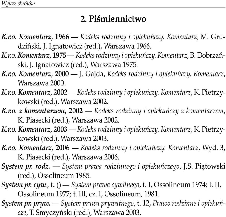 Komentarz, K. Pietrzykowski (red.), Warszawa 2002. K.r.o. z komentarzem, 2002 Kodeks rodzinny i opiekuńczy z komentarzem, K. Piasecki (red.), Warszawa 2002. K.r.o. Komentarz, 2003 Kodeks rodzinny i opiekuńczy.