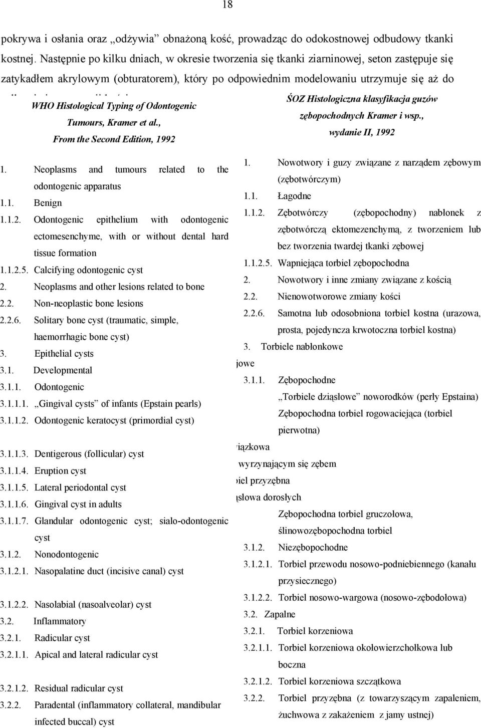 regeneracji kości. ŚOZ Histologiczna klasyfikacja guzów WHO Histological Typing of Odontogenic zębopochodnych Kramer i wsp., Tumours, Kramer et al., wydanie II, 1992 From the Second Edition, 1992 1.
