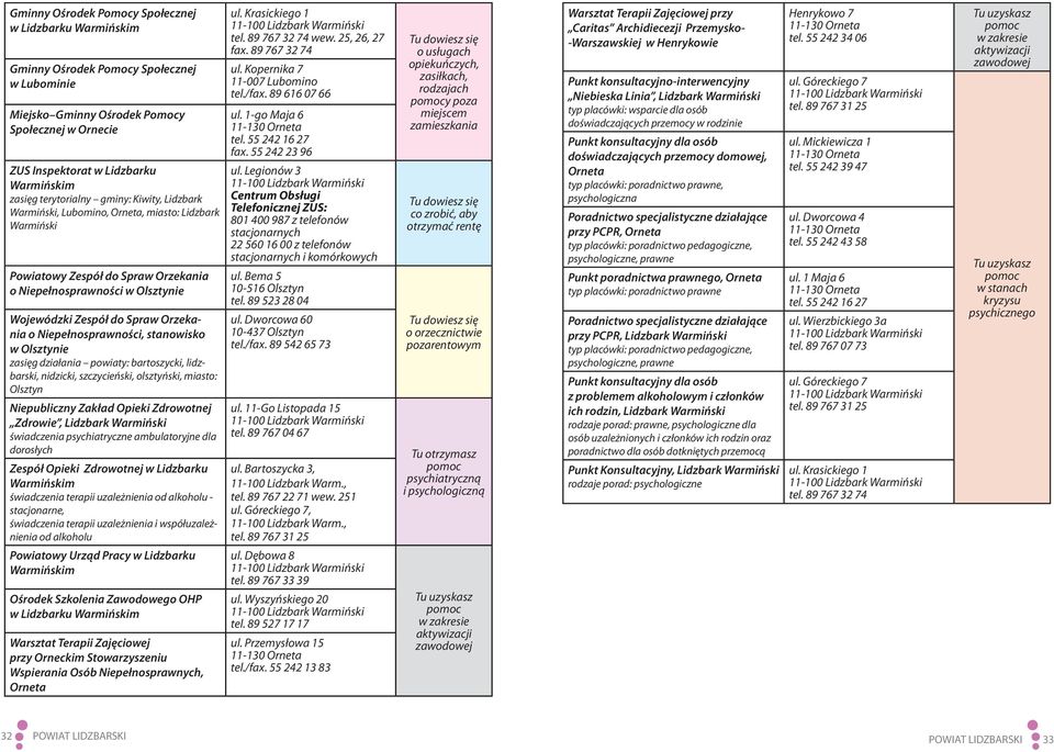 powiaty: bartoszycki, lidzbarski, nidzicki, szczycieński, olsztyński, miasto: Olsztyn Niepubliczny Zakład Opieki Zdrowotnej Zdrowie, Lidzbark Warmiński dla dorosłych Zespół Opieki Zdrowotnej w