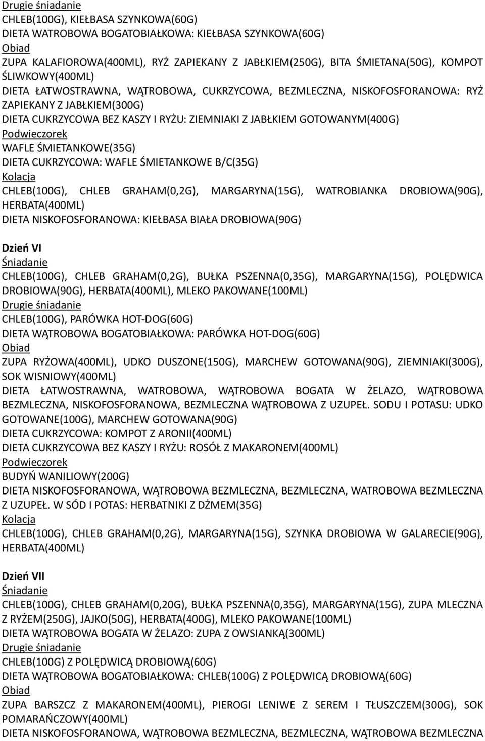 CUKRZYCOWA: WAFLE ŚMIETANKOWE B/C(35G) CHLEB(100G), CHLEB GRAHAM(0,2G), MARGARYNA(15G), WATROBIANKA DROBIOWA(90G), DIETA NISKOFOSFORANOWA: KIEŁBASA BIAŁA DROBIOWA(90G) Dzień VI CHLEB(100G), CHLEB