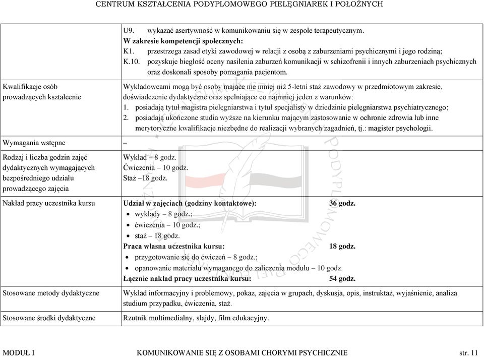 pozyskuje biegłość oceny nasilenia zaburzeń komunikacji w schizofrenii i innych zaburzeniach psychicznych oraz doskonali sposoby pomagania pacjentom.