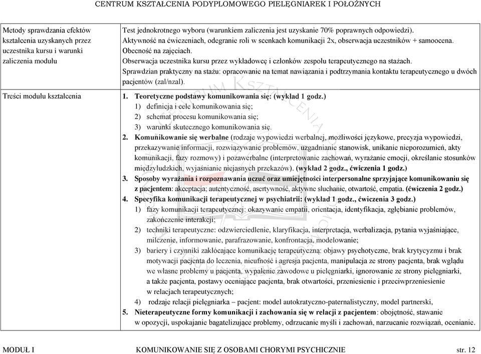 Obserwacja uczestnika kursu przez wykładowcę i członków zespołu terapeutycznego na stażach.