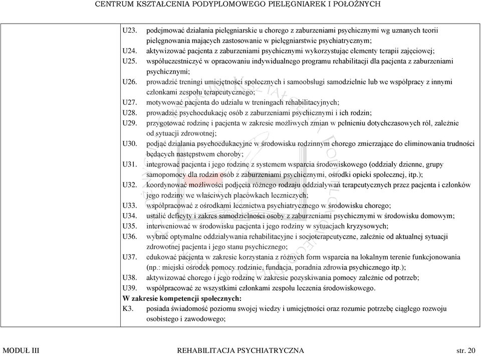 współuczestniczyć w opracowaniu indywidualnego programu rehabilitacji dla pacjenta z zaburzeniami psychicznymi; U26.