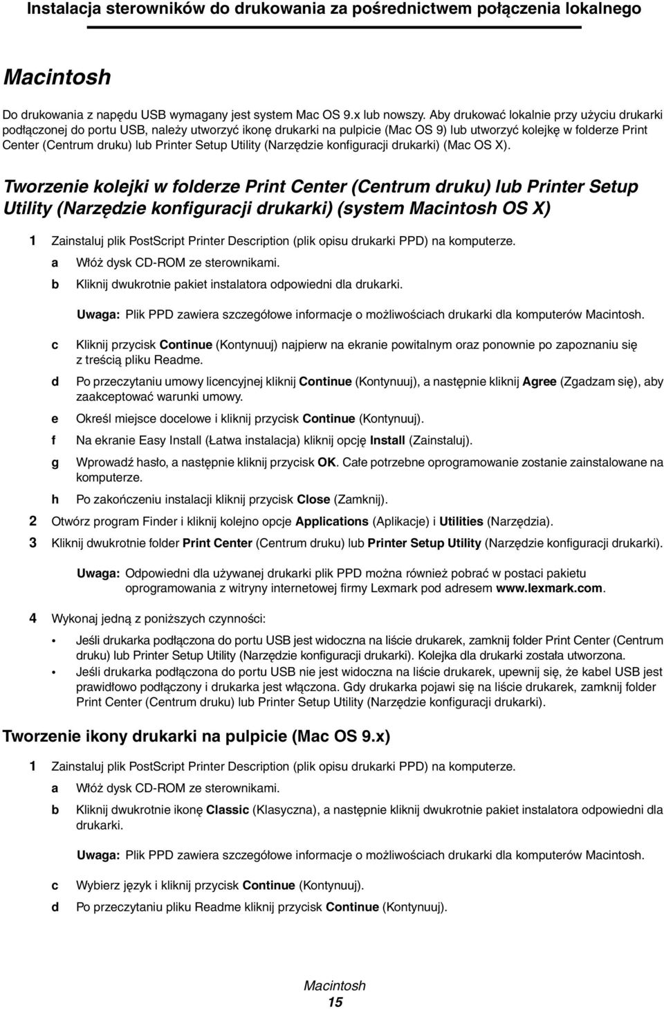 Setup Utility (Narzędzie konfiguracji drukarki) (Mac OS X).