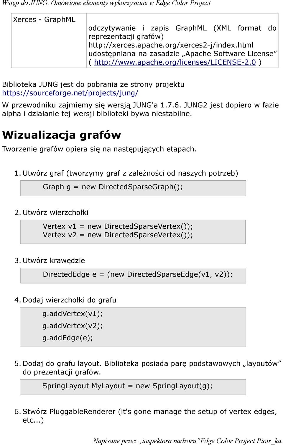 JUNG2 jest dopiero w fazie alpha i działanie tej wersji biblioteki bywa niestabilne. Wizualizacja grafów Tworzenie grafów opiera się na następujących etapach. 1.