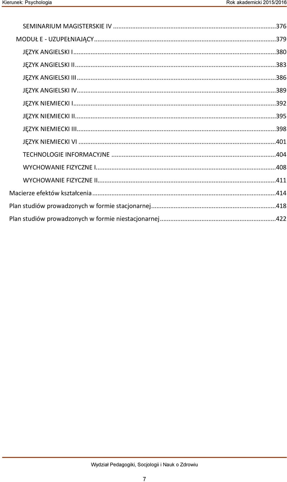 .. 398 JĘZYK NIEMIECKI VI... 401 TECHNOLOGIE INFORMACYJNE... 404 WYCHOWANIE FIZYCZNE I... 408 WYCHOWANIE FIZYCZNE II.