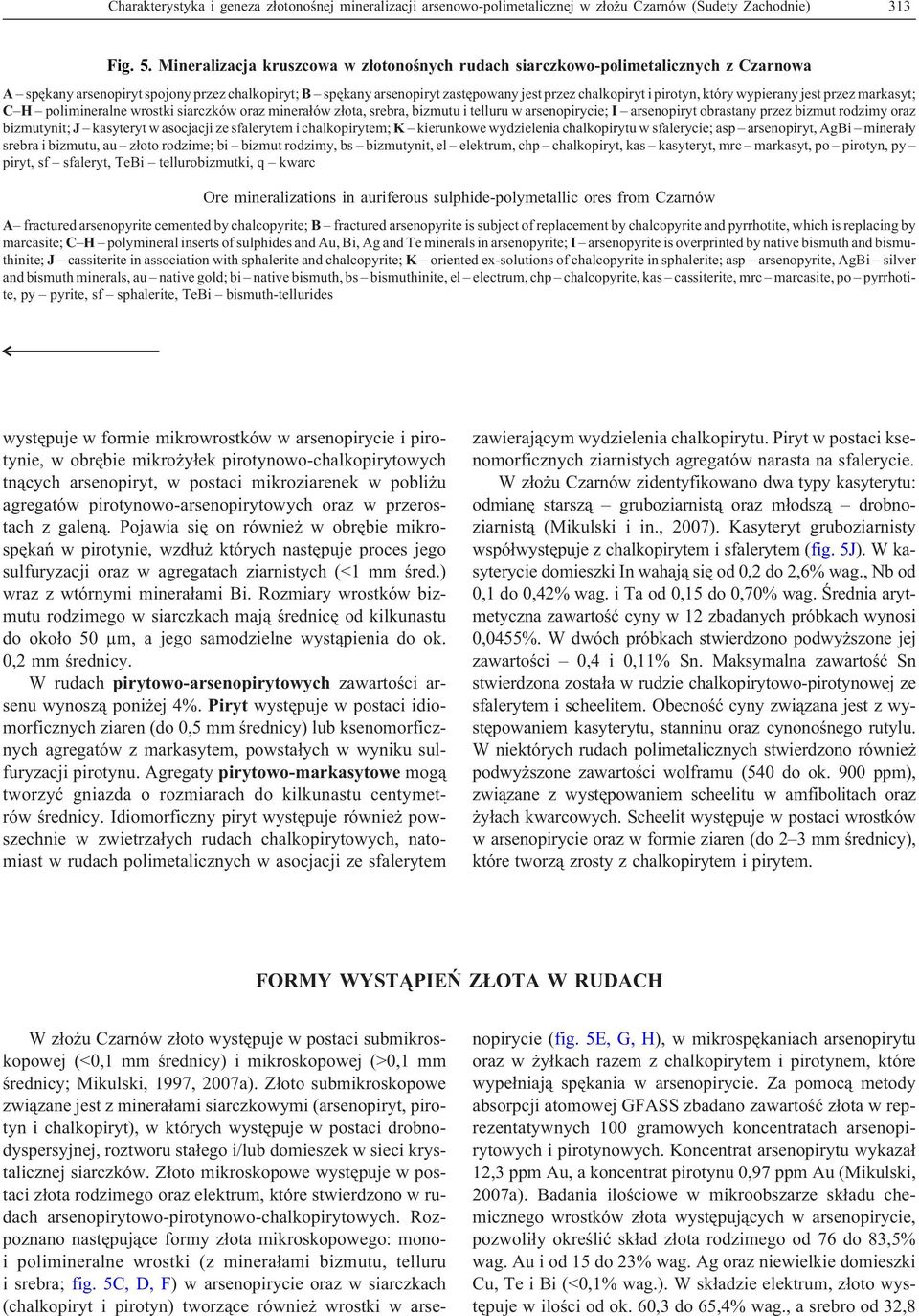 pirotyn, który wypierany jest przez markasyt; C H polimineralne wrostki siarczków oraz minera³ów z³ota, srebra, bizmutu i telluru w arsenopirycie; I arsenopiryt obrastany przez bizmut rodzimy oraz