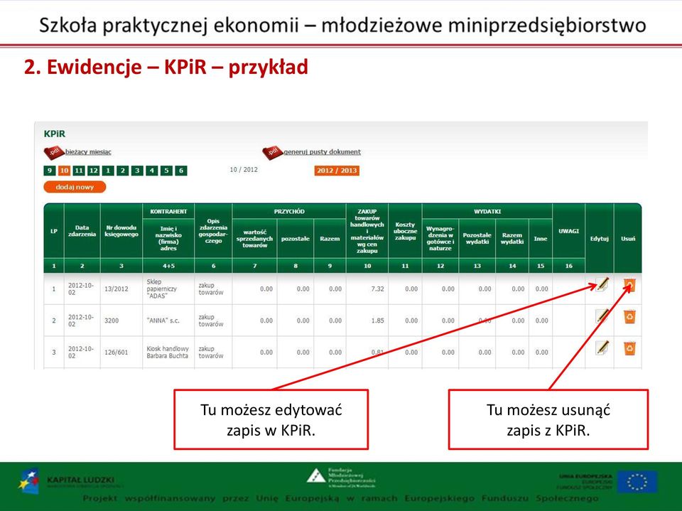 edytować zapis w KPiR.