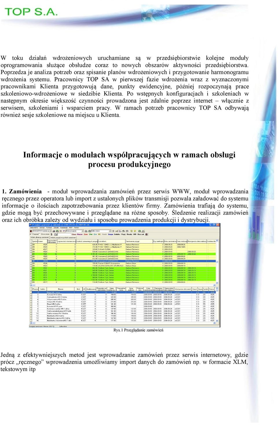 Pracownicy TOP SA w pierwszej fazie wdrożenia wraz z wyznaczonymi pracownikami Klienta przygotowują dane, punkty ewidencyjne, później rozpoczynają prace szkoleniowo-wdrożeniowe w siedzibie Klienta.