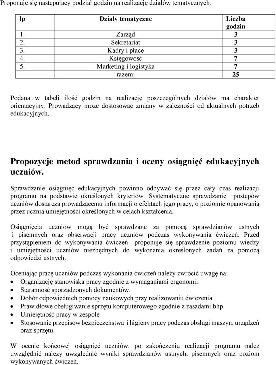 Prowadzący może dostosować zmiany w zależności od aktualnych potrzeb edukacyjnych. Propozycje metod sprawdzania i oceny osiągnięć edukacyjnych uczniów.