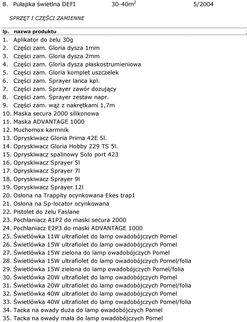 Maska secura 2000 silikonowa 11. Maska ADVANTAGE 1000 12. Muchomox karmnik 13. Opryskiwacz Gloria Prima 42E 5l. 14. Opryskiwacz Gloria Hobby 229 TS 5l. 15. Opryskiwacz spalinowy Solo port 423 16.