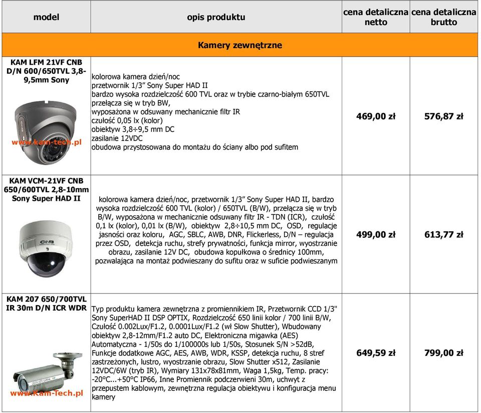 zł 576,87 zł KAM VCM-21VF CNB 650/600TVL 2,8-10mm Sony Super HAD II kolorowa kamera dzień/noc, przetwornik 1/3 Sony Super HAD II, bardzo wysoka rozdzielczość 600 TVL (kolor) / 650TVL (B/W), przełącza