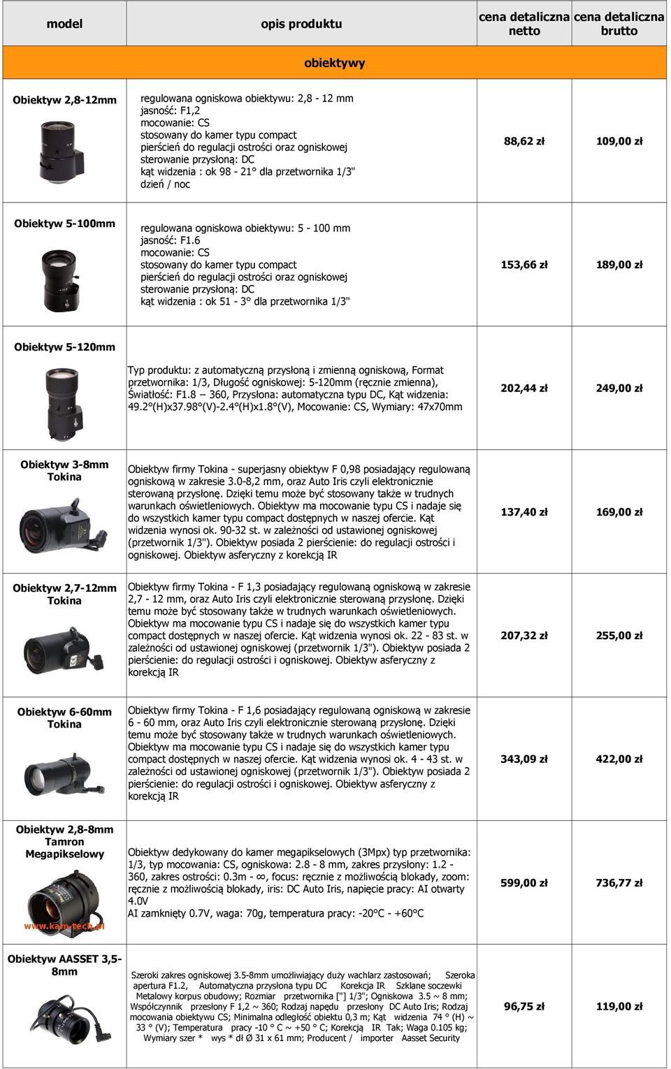 6 mocowanie: CS stosowany do kamer typu compact pierścień do regulacji ostrości oraz ogniskowej sterowanie przysłoną: DC kąt widzenia : ok 51-3 dla przetwornika 1/3" 153,66 zł 189,00 zł Obiektyw