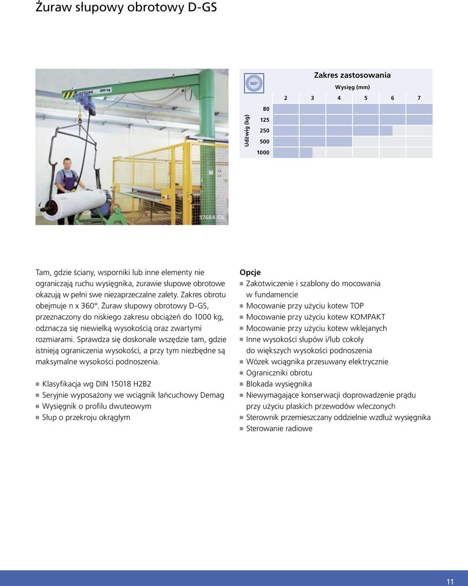 Żuraw słupowy obrotowy D-GS, przeznaczony do niskiego zakresu obciążeń do 1000 kg, odznacza się niewielką wysokością oraz zwartymi rozmiarami.