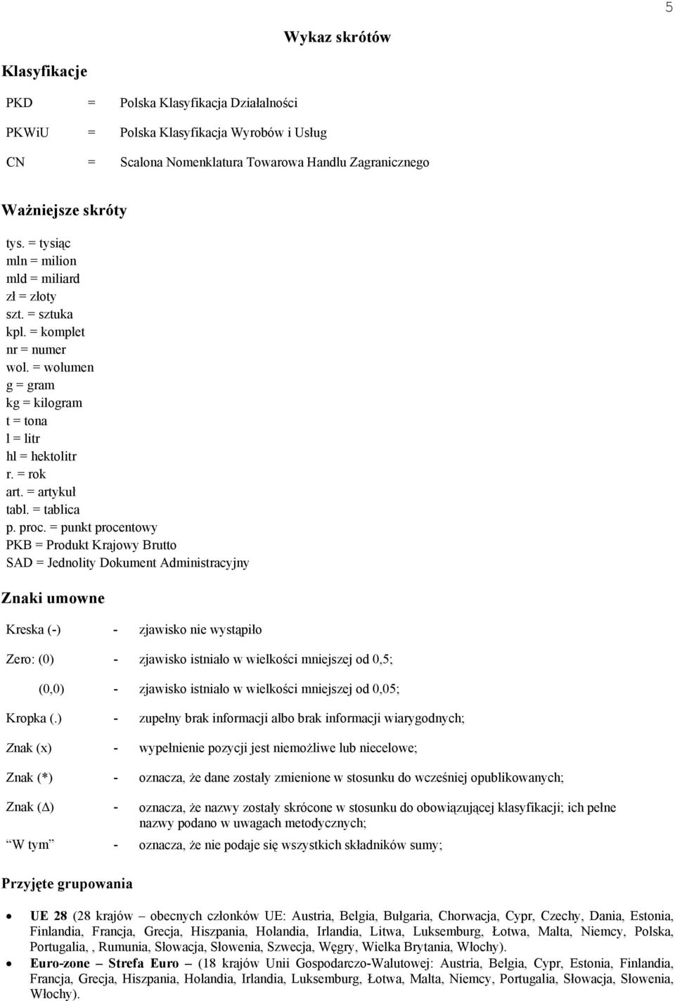 proc. = punkt procentowy PKB = Produkt Krajowy Brutto SAD = Jednolity Dokument Administracyjny Znaki umowne Kreska (-) - zjawisko nie wystąpiło Zero: (0) - zjawisko istniało w wielkości mniejszej od