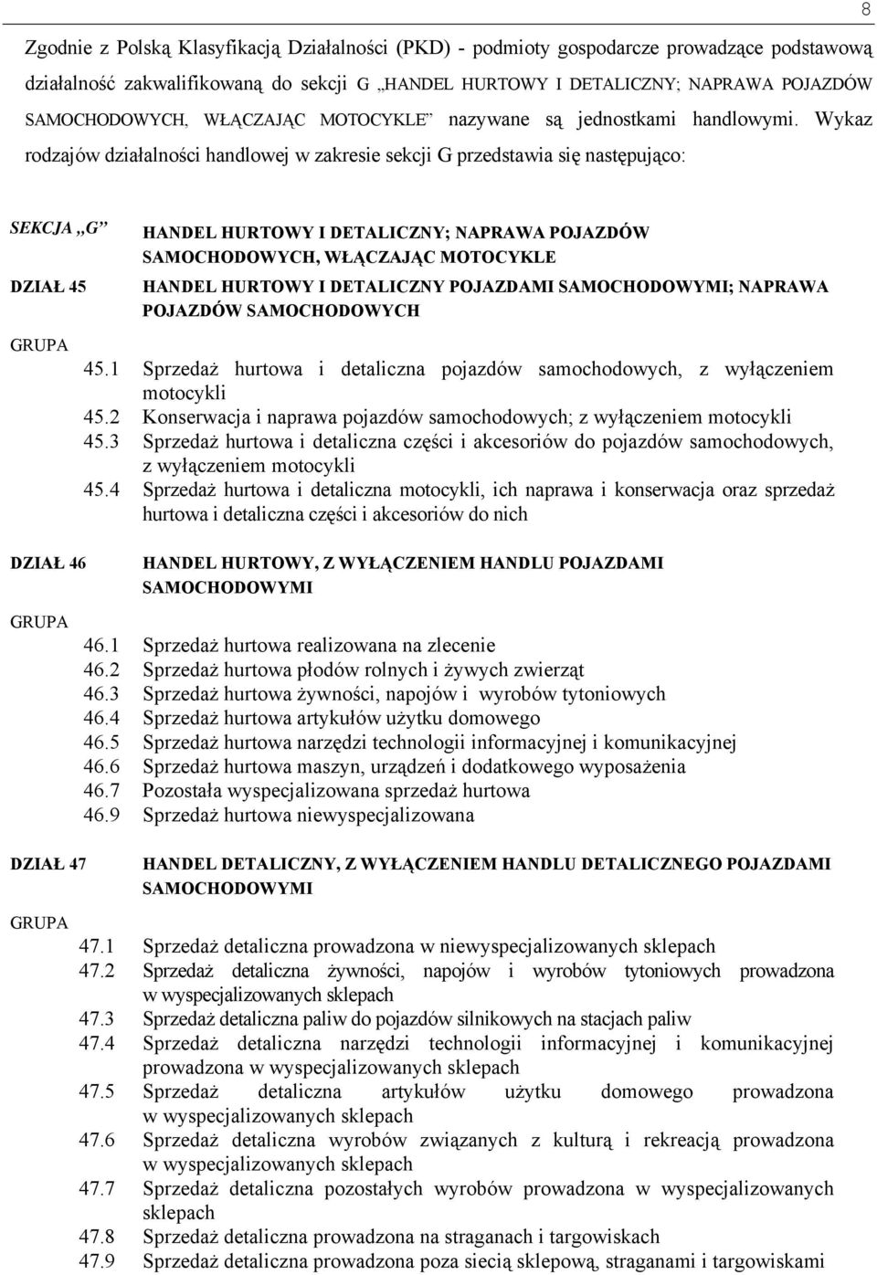 Wykaz rodzajów działalności handlowej w zakresie sekcji G przedstawia się następująco: SEKCJA G DZIAŁ 45 HANDEL HURTOWY I DETALICZNY; NAPRAWA POJAZDÓW SAMOCHODOWYCH, WŁĄCZAJĄC MOTOCYKLE HANDEL