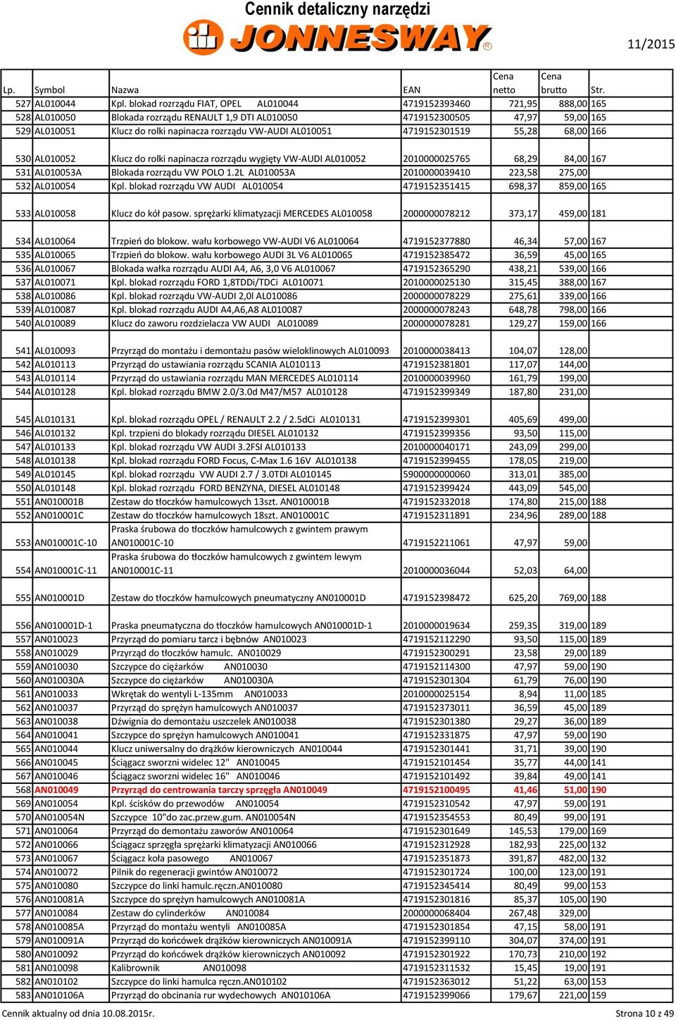 VW-AUDI AL010051 4719152301519 55,28 68,00 166 530 AL010052 Klucz do rolki napinacza rozrządu wygięty VW-AUDI AL010052 2010000025765 68,29 84,00 167 531 AL010053A Blokada rozrządu VW POLO 1.
