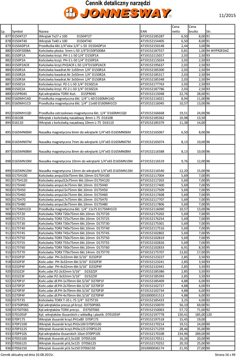 PH-1 L-50 1/4" D150P1A 4719152115017 2,03 2,50 93 882 D150P2A Końcówka krzyż. PH-2 L-50 1/4" D150P2A 4719152115024 2,03 2,50 93 883 D150P2ACR Końcówka krzyż.
