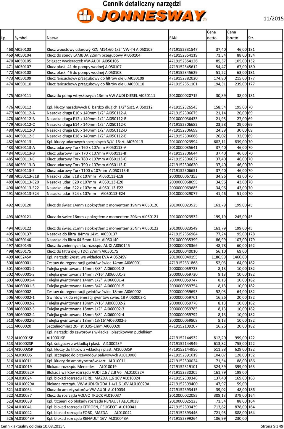 Ściągacz wycieraczek VW-AUDI AI050105 4719152354126 85,37 105,00 132 471 AI050107 Klucz płaski 41 do pompy wodnej AI050107 4719152345612 54,47 67,00 180 472 AI050108 Klucz płaski 46 do pompy wodnej
