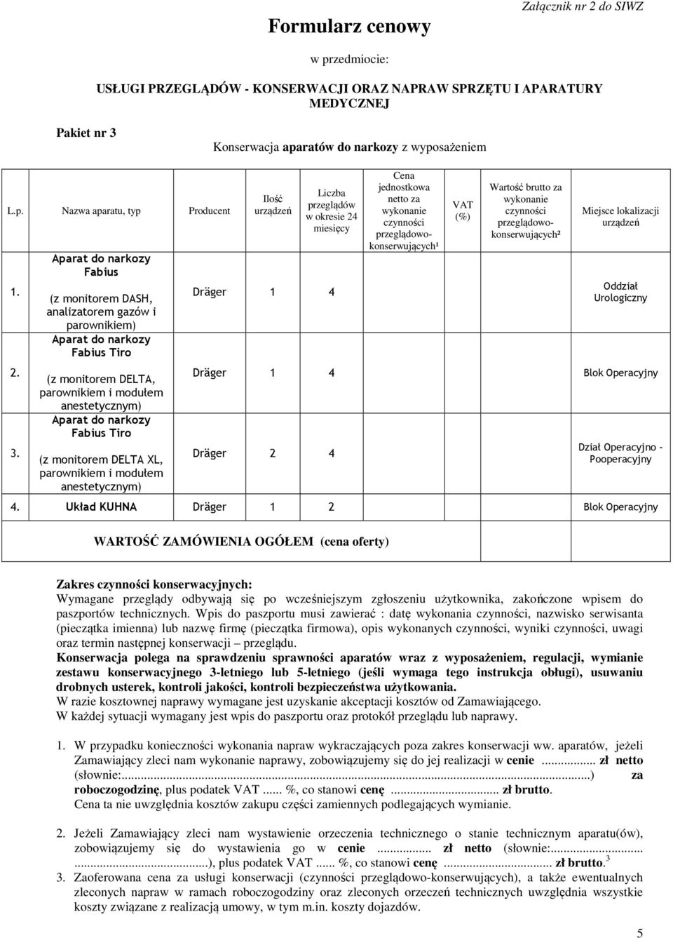 Tiro (z monitorem DELTA XL, parownikiem i modułem anestetycznym) przeglądów w okresie 24 Dräger 1 4 Cena jednostkowa netto za wykonanie wykonanie Miejsce lokalizacji Urologiczny Dräger 1 4 Blok