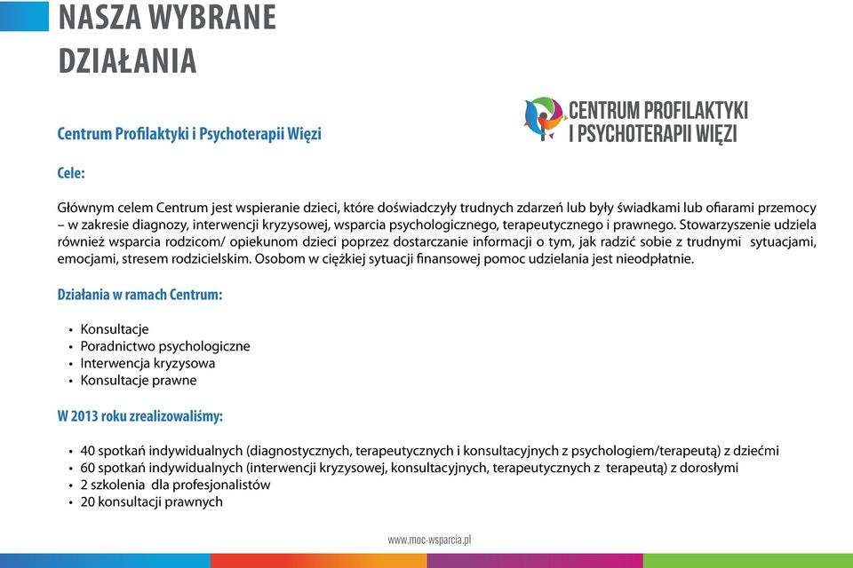 Stowarzyszenie udziela również wsparcia rodzicom/ opiekunom dzieci poprzez dostarczanie informacji o tym, jak radzić sobie z trudnymi sytuacjami, emocjami, stresem rodzicielskim.