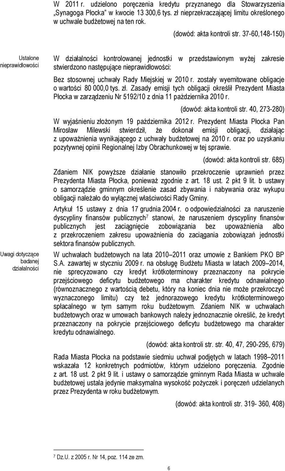 37-60,148-150) Ustalone nieprawidłowości Uwagi dotyczące badanej działalności W działalności kontrolowanej jednostki w przedstawionym wyżej zakresie stwierdzono następujące nieprawidłowości: Bez