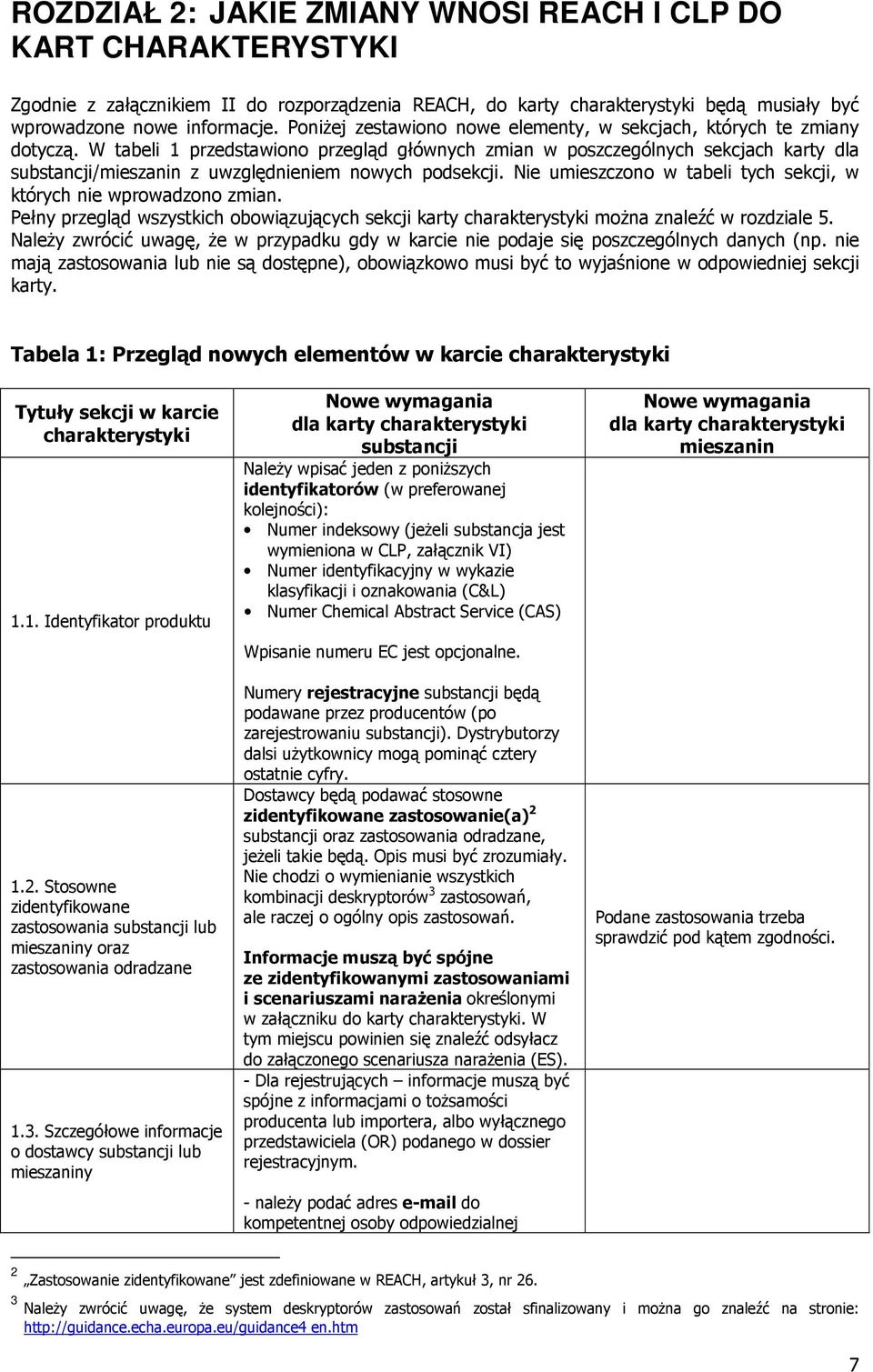 W tabeli 1 przedstawiono przegląd głównych zmian w poszczególnych sekcjach karty dla substancji/mieszanin z uwzględnieniem nowych podsekcji.