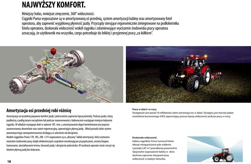 przyrządysterująceergonomiczniezintegrowanenapodłokietniku fotelaoperatora,doskonaławidocznośćwokółciągnikaizdumiewającewyciszenieśrodowiskapracyoperatora