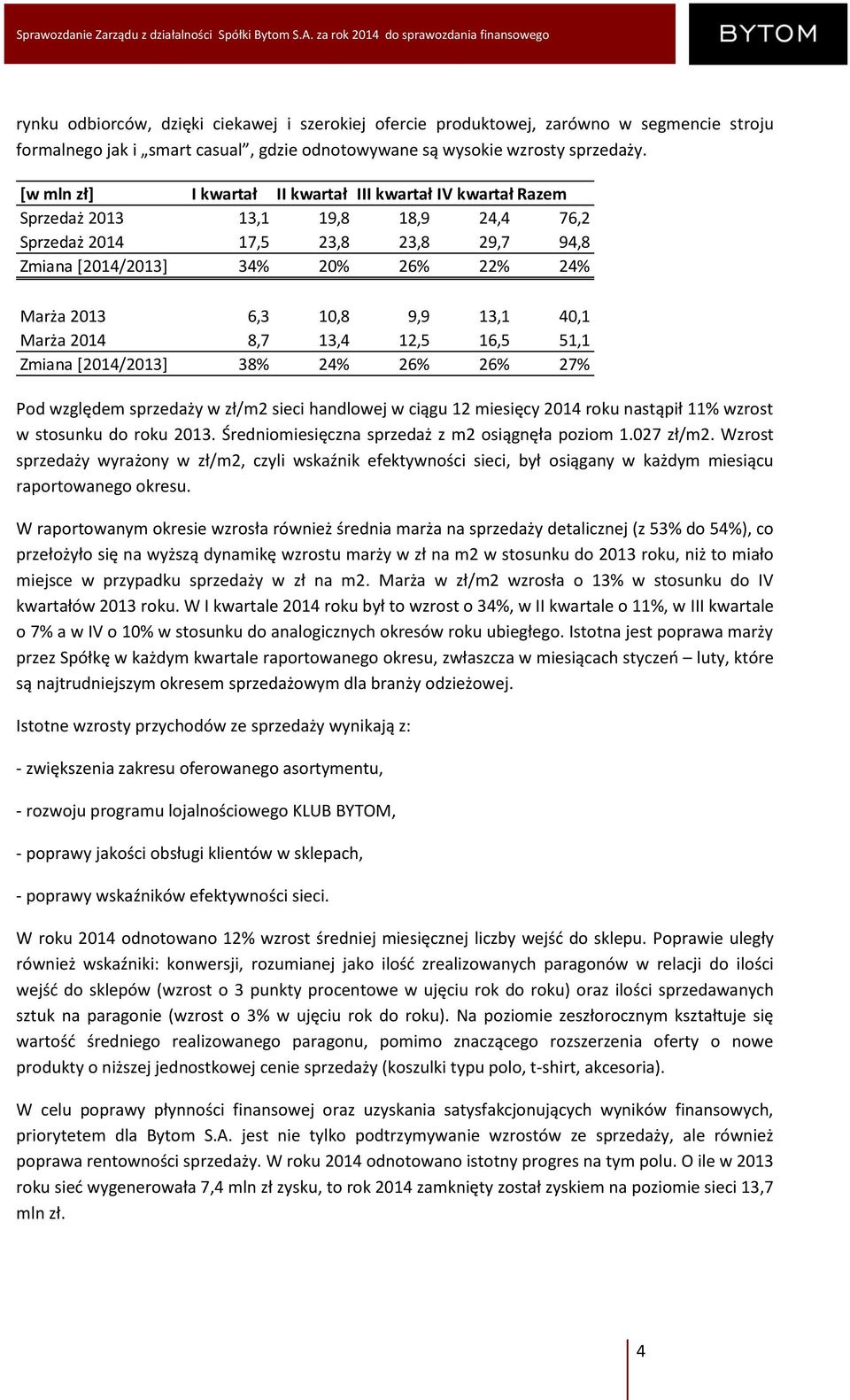 9,9 13,1 40,1 Marża 2014 8,7 13,4 12,5 16,5 51,1 Zmiana [2014/2013] 38% 24% 26% 26% 27% Pod względem sprzedaży w zł/m2 sieci handlowej w ciągu 12 miesięcy 2014 roku nastąpił 11% wzrost w stosunku do