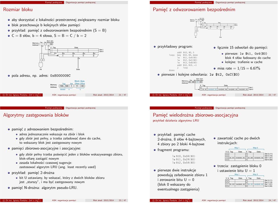 .. Set 32 Block Offset Offset 8 9 C Set przykładowy program: addi $t, $, 5 loop: beq $t, $, done lw $t, x4($) lw $t2, xc($) lw $t3, x8($) addi $t, $t, j loop done: łącznie 5 odwołań do pamięci: