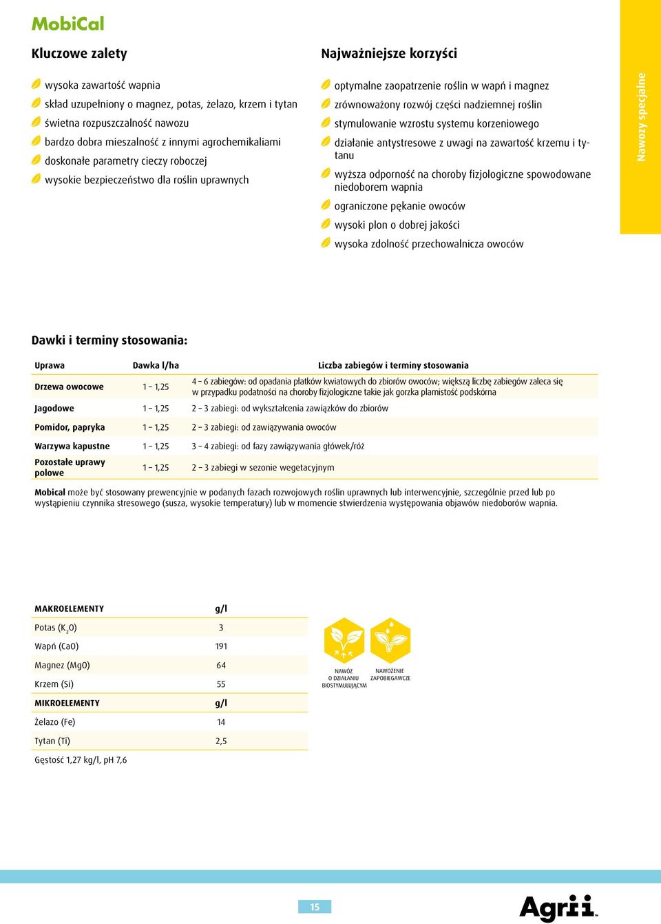 wzrostu systemu korzeniowego działanie antystresowe z uwagi na zawartość krzemu i tytanu wyższa odporność na choroby fizjologiczne spowodowane niedoborem wapnia ograniczone pękanie owoców wysoki plon