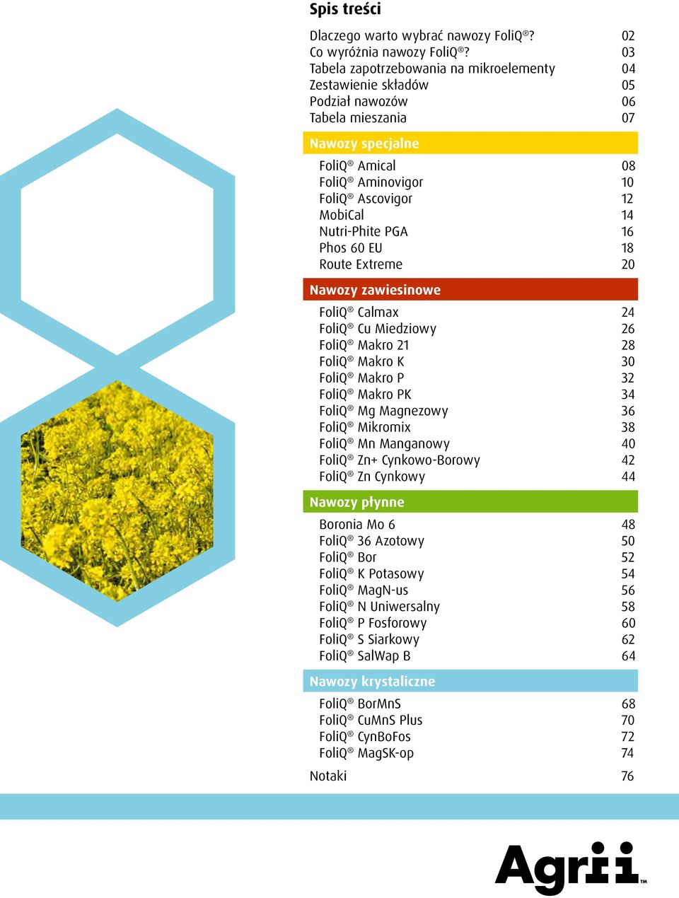 Nutri-Phite PGA 16 Phos 60 EU 18 Route Extreme 20 Nawozy zawiesinowe FoliQ Calmax 24 FoliQ Cu Miedziowy 26 FoliQ Makro 21 28 FoliQ Makro K 30 FoliQ Makro P 32 FoliQ Makro PK 34 FoliQ Mg Magnezowy 36