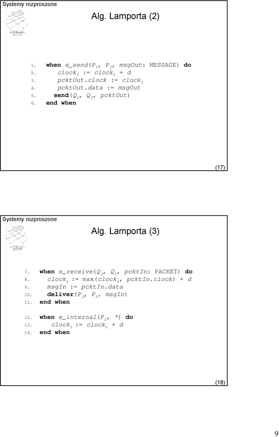 when e_receive(q j, Q i, pcktin: PACKET) do 8. clock i := max(clock i, pcktin.clock) + d 9. msgin := pcktin.