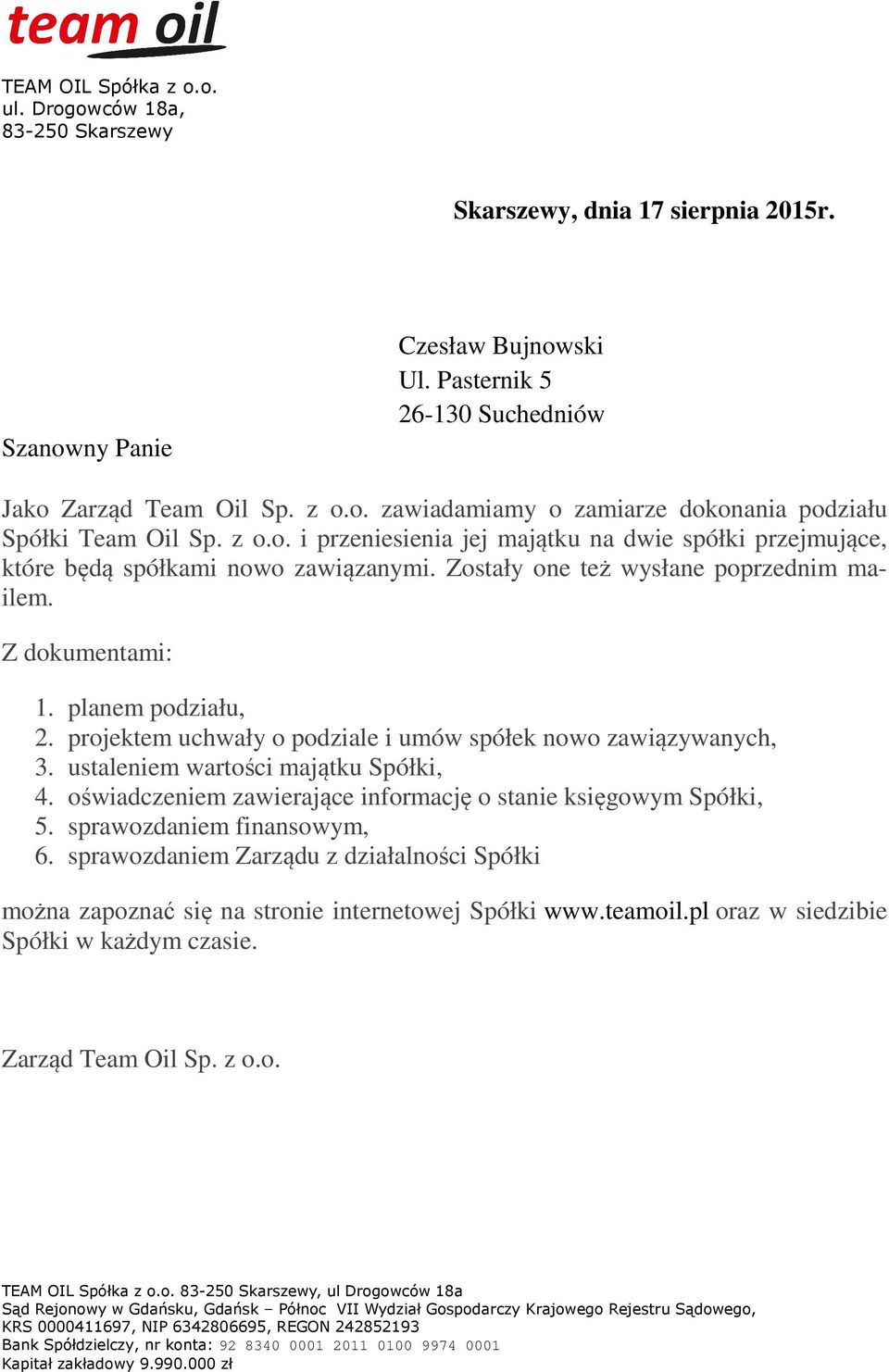 zawiadamiamy o zamiarze dokonania