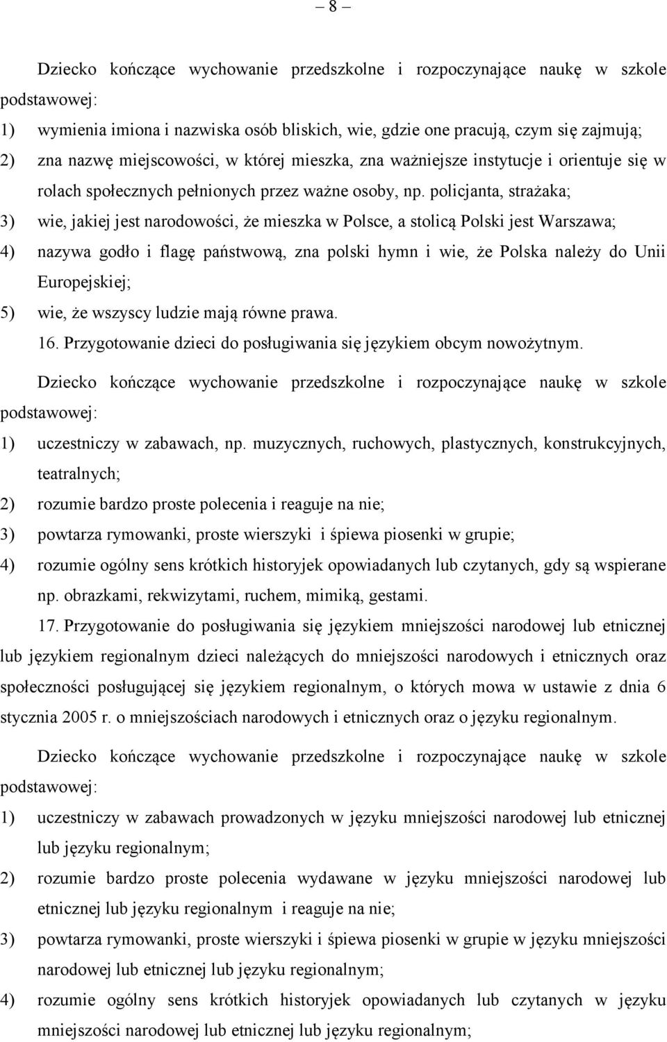 policjanta, strażaka; 3) wie, jakiej jest narodowości, że mieszka w Polsce, a stolicą Polski jest Warszawa; 4) nazywa godło i flagę państwową, zna polski hymn i wie, że Polska należy do Unii