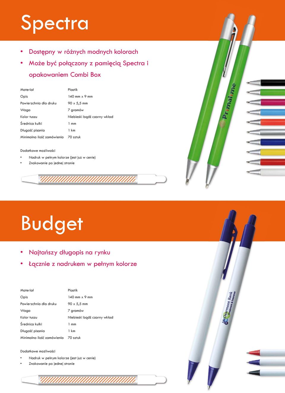 po jednej stronie Budget Najtańszy długopis na rynku Łącznie z nadrukem w pełnym kolorze Materiał Opis Powierzchnia dla druku Kolor tuszu Średnica kulki Długość  po jednej
