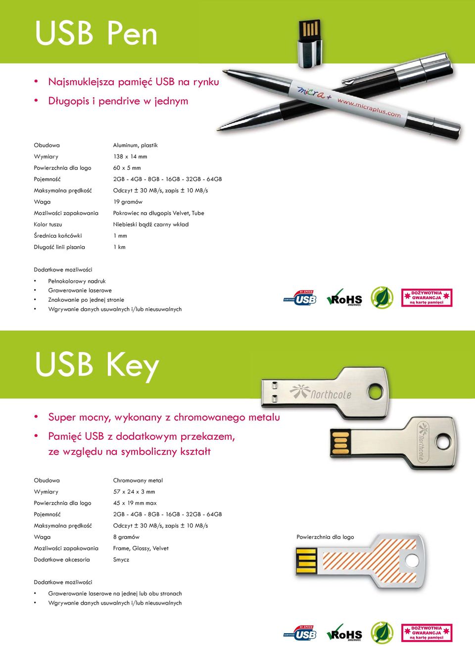 km Pełnokolorowy nadruk Grawerowanie laserowe Znakowanie po jednej stronie Wgrywanie danych usuwalnych i/lub nieusuwalnych USB Key Super mocny, wykonany z chromowanego metalu Pamięć USB z dodatkowym