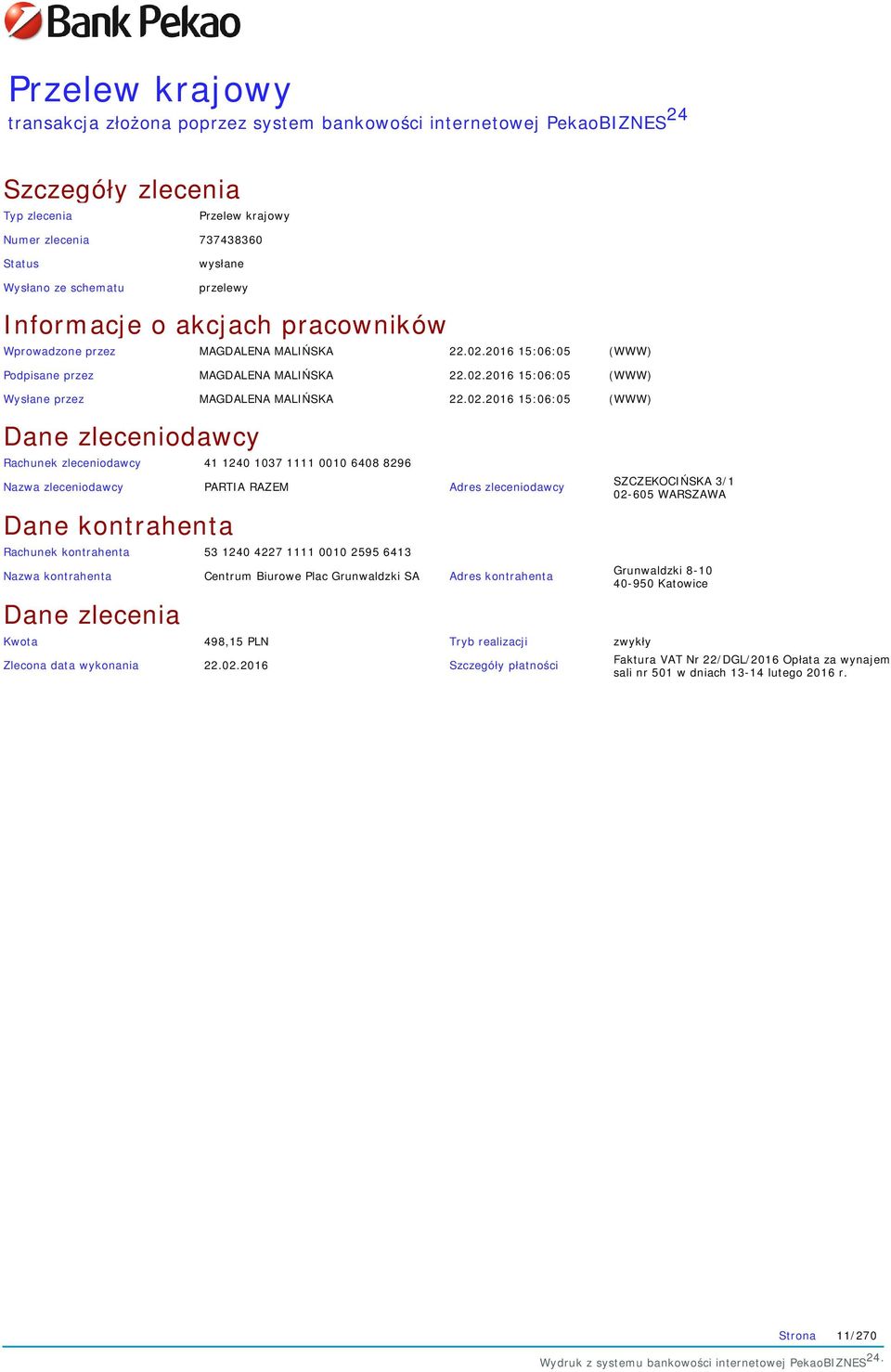 6413 Centrum Biurowe Plac Grunwaldzki SA Kwota 498,15 PLN Tryb realizacji 22.02.