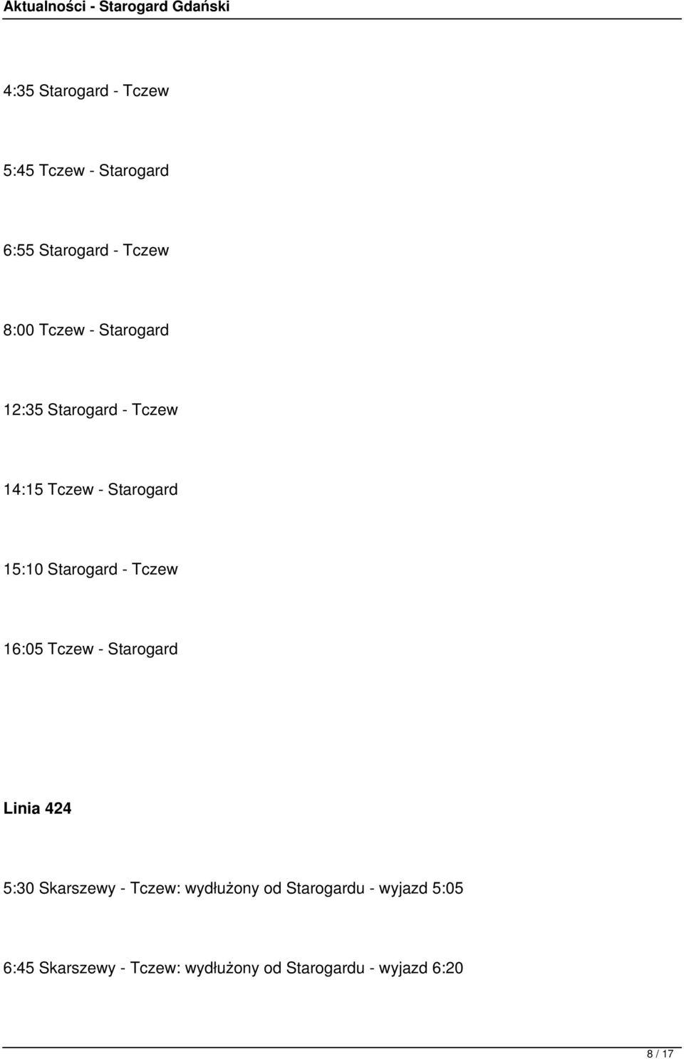 16:05 Tczew - Starogard Linia 424 5:30 Skarszewy - Tczew: wydłużony od Starogardu