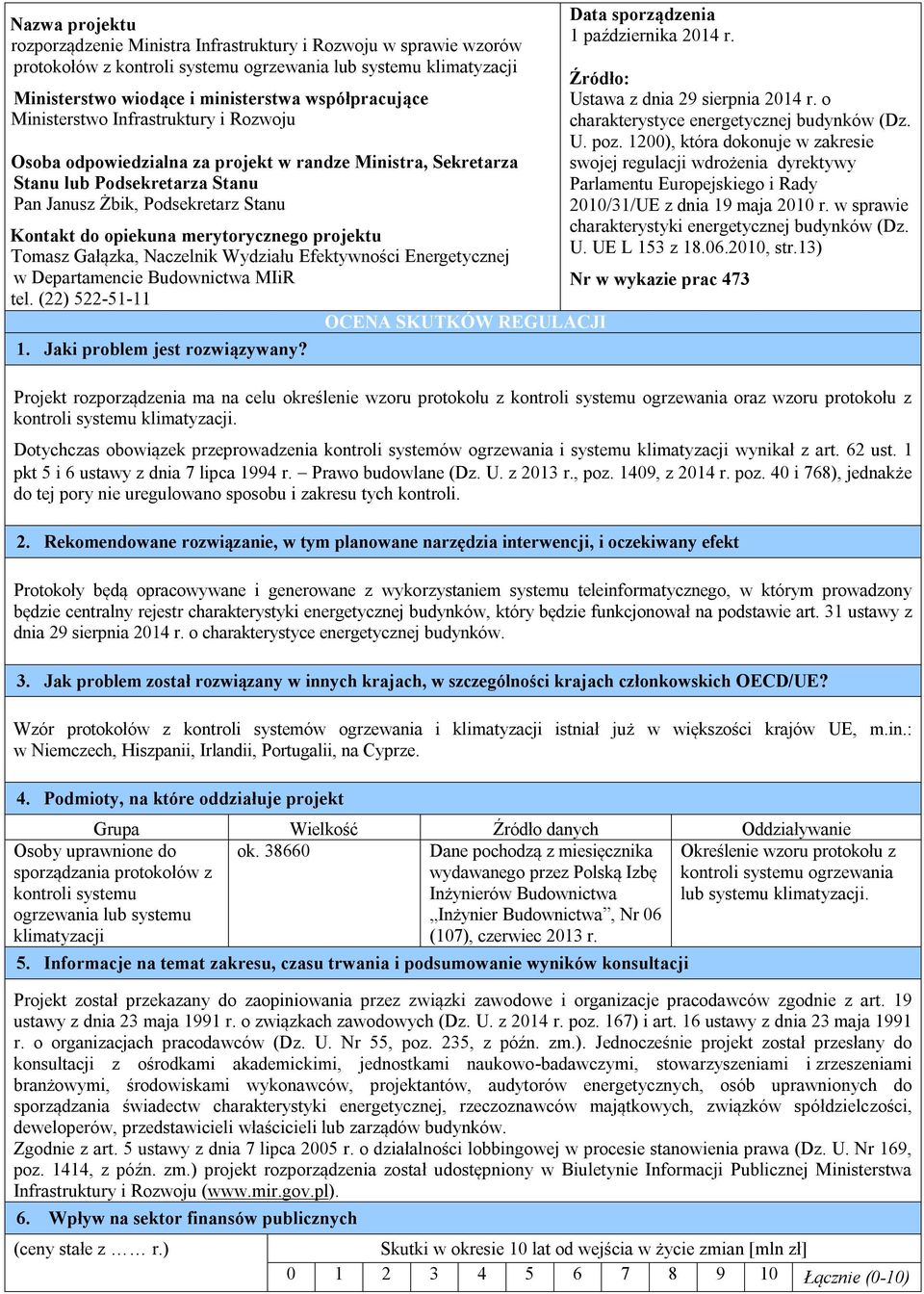 merytorycznego projektu Tomasz Gałązka, Naczelnik Wydziału Efektywności Energetycznej w Departamencie Budownictwa MIiR tel. (22) 522-51-11 1. Jaki problem jest rozwiązywany?