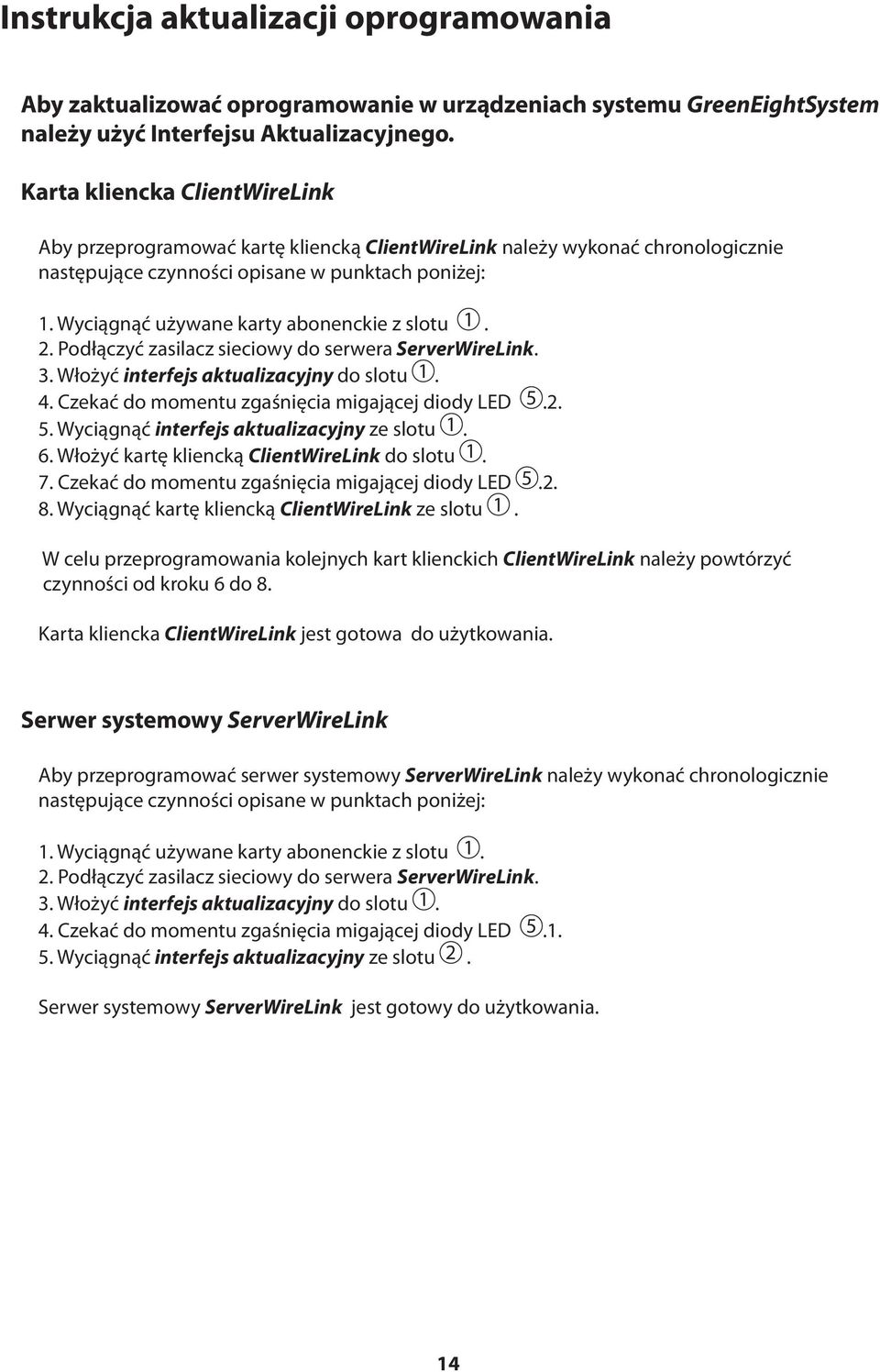 Wyciągnąć używane karty abonenckie z slotu 1. 2. Podłączyć zasilacz sieciowy do serwera ServerWireLink. 3. Włożyć interfejs aktualizacyjny do slotu 1. 4.