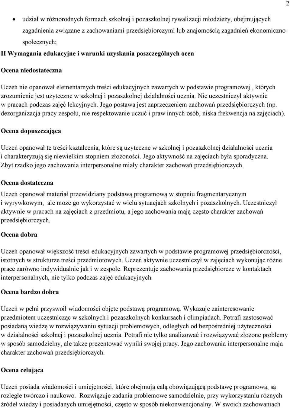 użyteczne w szkolnej i pozaszkolnej działalności ucznia. Nie uczestniczył aktywnie w pracach podczas zajęć lekcyjnych. Jego postawa jest zaprzeczeniem zachowań przedsiębiorczych (np.