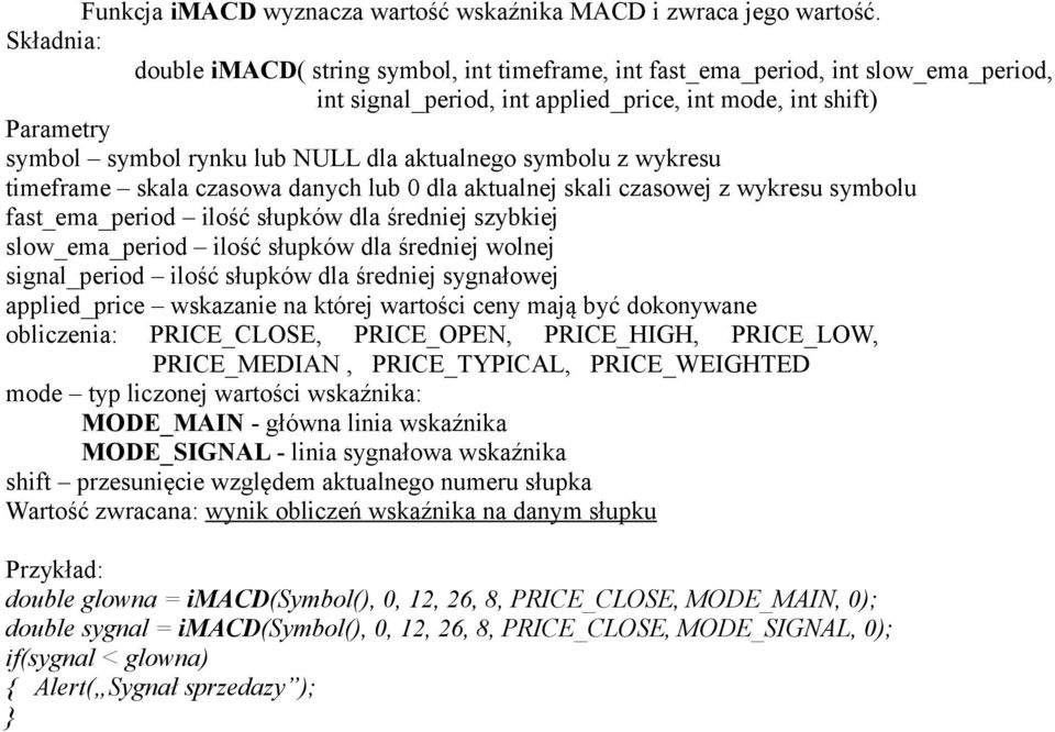 aktualnego symbolu z wykresu timeframe skala czasowa danych lub 0 dla aktualnej skali czasowej z wykresu symbolu fast_ema_period ilość słupków dla średniej szybkiej slow_ema_period ilość słupków dla