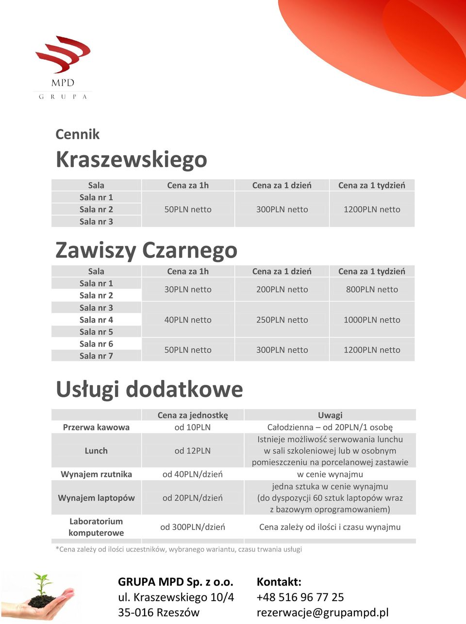 1200PLN netto Cena za jednostkę Uwagi Przerwa kawowa od 10PLN Całodzienna od 20PLN/1 osobę Lunch od 12PLN Istnieje możliwość serwowania lunchu w sali szkoleniowej lub w osobnym pomieszczeniu na